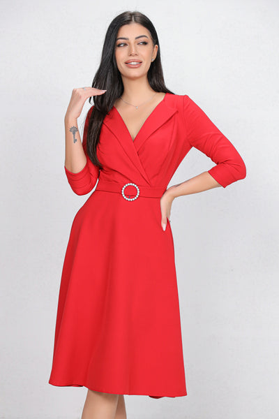 Rochie MBG rosie cu revere si catarama cu perle