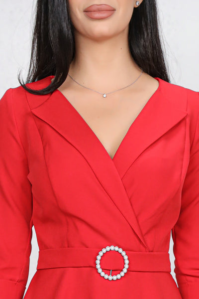 Rochie MBG rosie cu revere si catarama cu perle