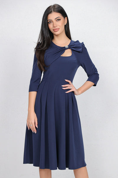 Rochie MBG bleumarin cu funda 3D pe umar si decupaj la decolteu