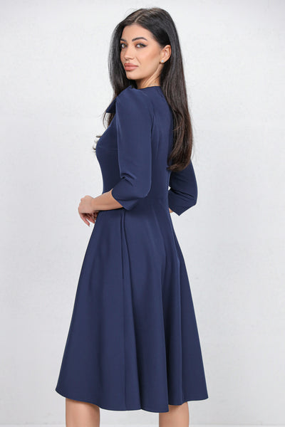 Rochie MBG bleumarin cu funda 3D pe umar si decupaj la decolteu