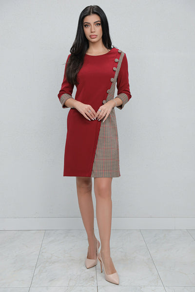 Rochie MBG office bordo cu carouri gri si nasturi decorativi