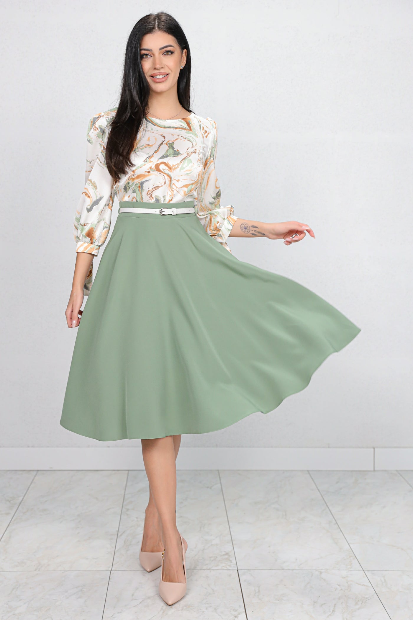 Rochie MBG vernil cu bust imprimat si curea detasabila