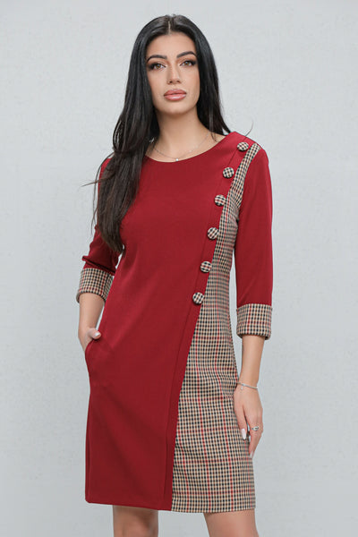 Rochie MBG office bordo cu carouri gri si nasturi decorativi