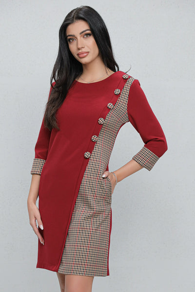 Rochie MBG office bordo cu carouri gri si nasturi decorativi