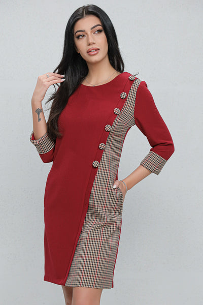 Rochie MBG office bordo cu carouri gri si nasturi decorativi