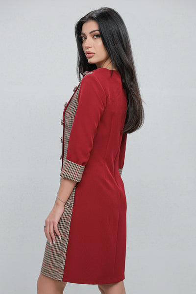 Rochie MBG office bordo cu carouri gri si nasturi decorativi