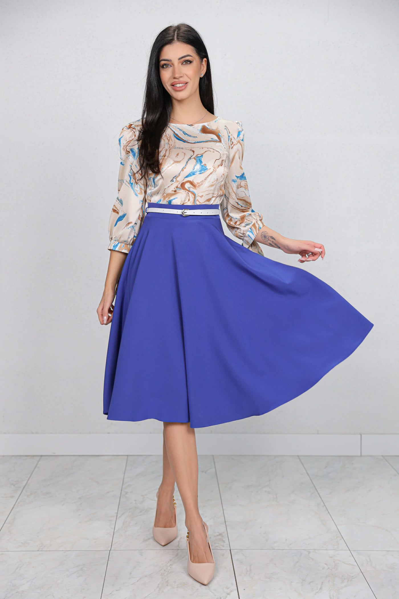 Rochie MBG albastra cu bust imprimat si curea detasabila