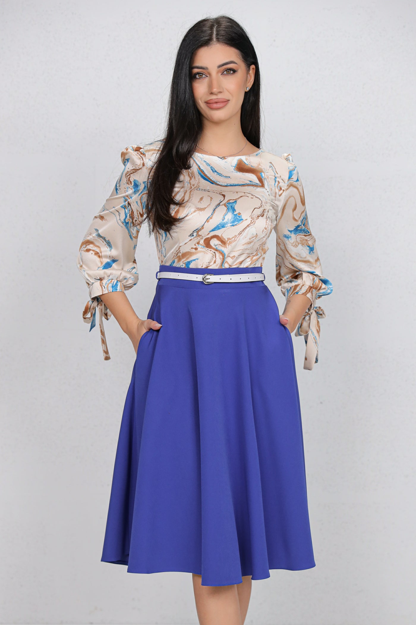 Rochie MBG albastra cu bust imprimat si curea detasabila