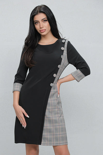 Rochie MBG office neagra cu carouri gri si nasturi decorativi