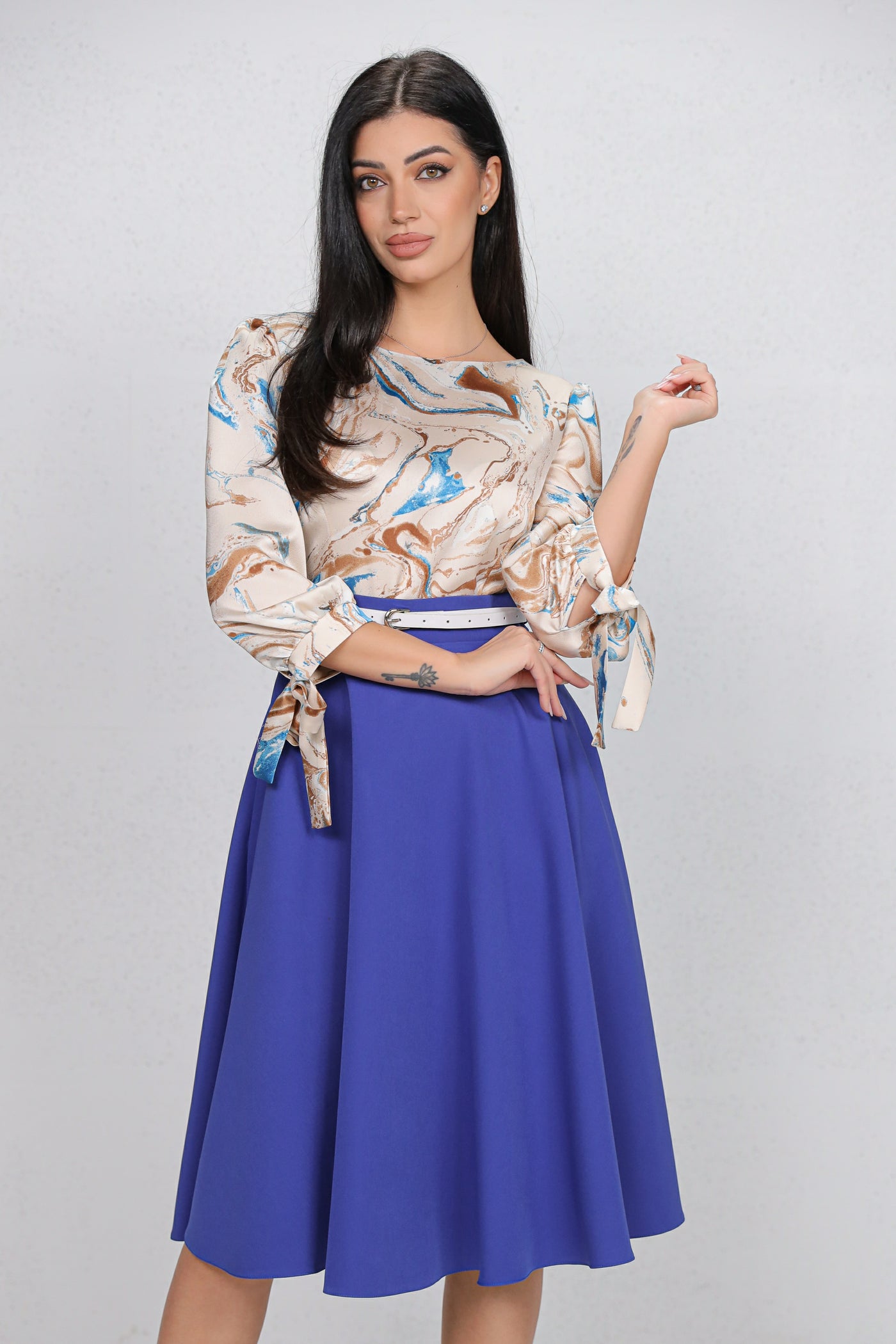 Rochie MBG albastra cu bust imprimat si curea detasabila