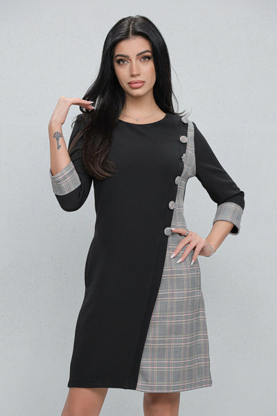 Rochie MBG office neagra cu carouri gri si nasturi decorativi