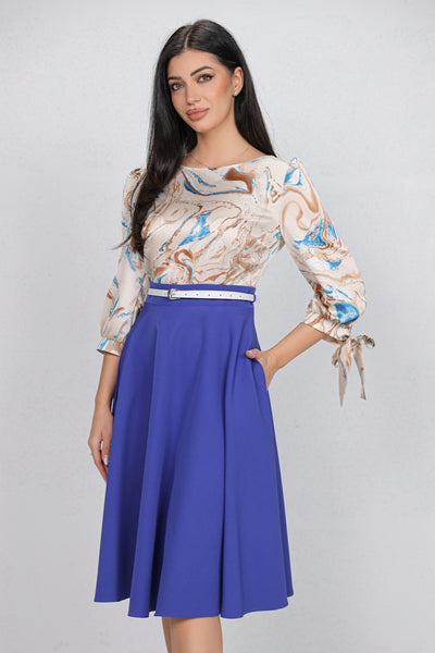 Rochie MBG albastra cu bust imprimat si curea detasabila