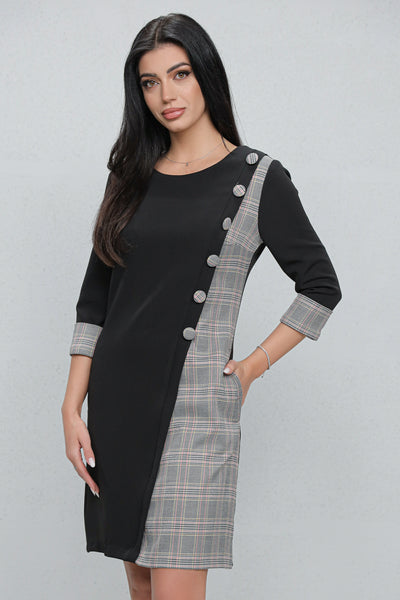 Rochie MBG office neagra cu carouri gri si nasturi decorativi