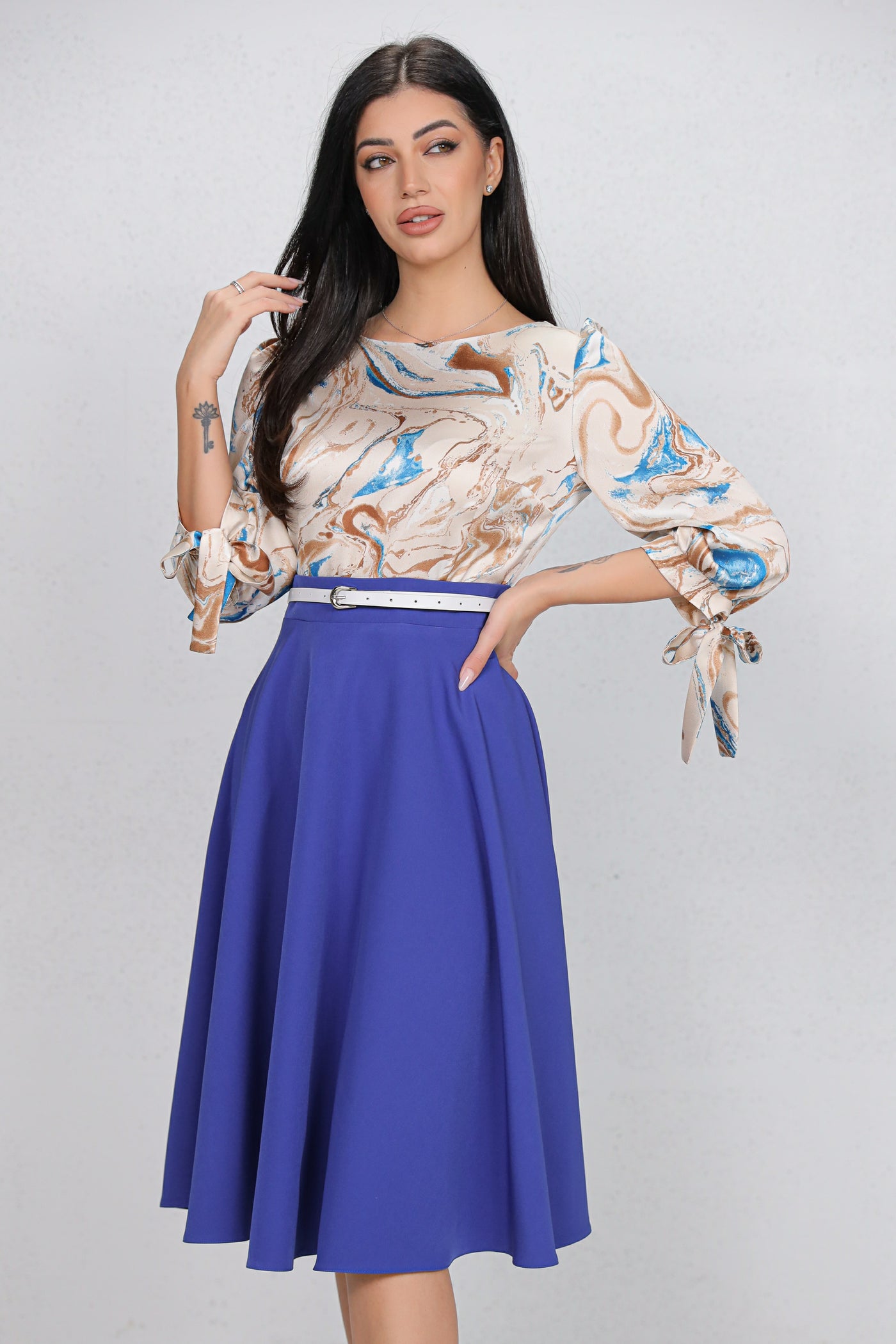 Rochie MBG albastra cu bust imprimat si curea detasabila