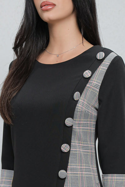 Rochie MBG office neagra cu carouri gri si nasturi decorativi