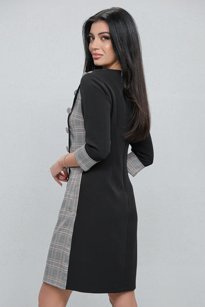 Rochie MBG office neagra cu carouri gri si nasturi decorativi