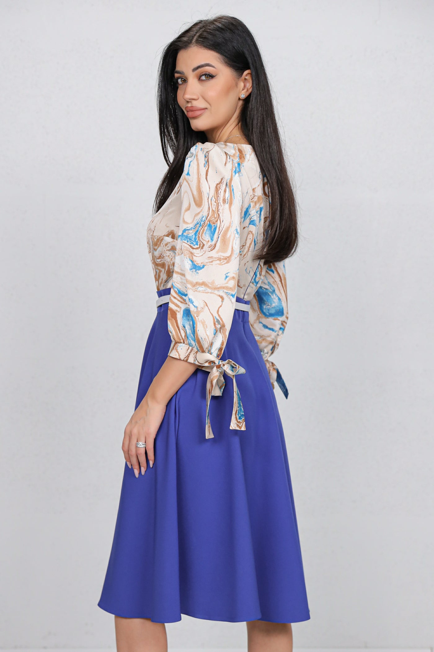 Rochie MBG albastra cu bust imprimat si curea detasabila