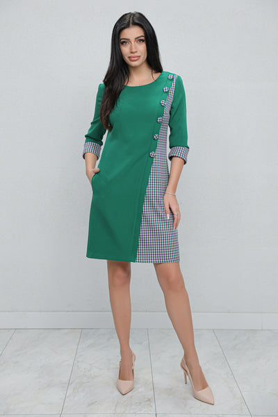 Rochie MBG office verde cu carouri gri si nasturi decorativi