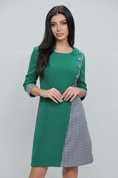 Rochie MBG office verde cu carouri gri si nasturi decorativi