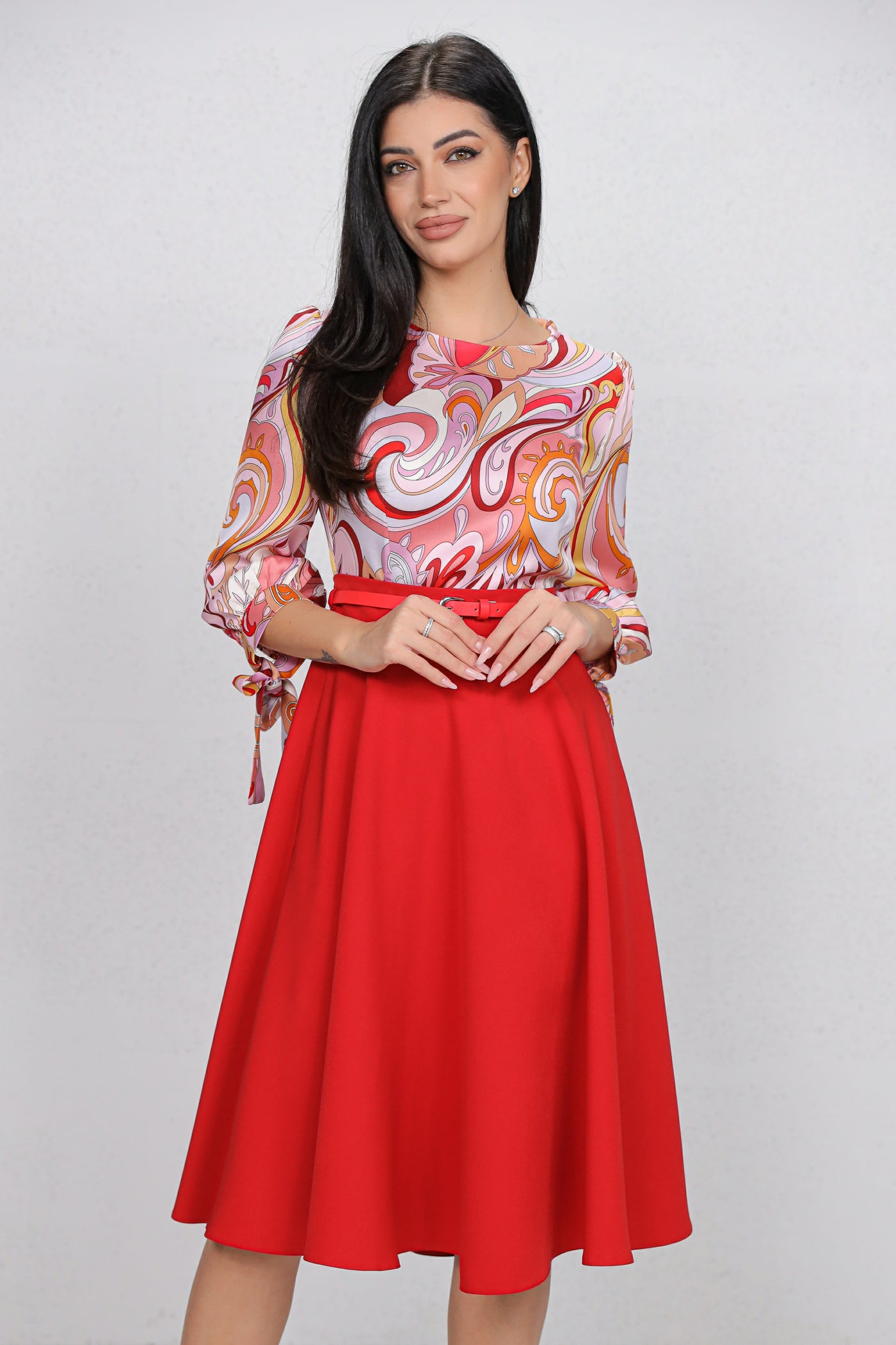 Rochie MBG rosie cu bust imprimat si curea detasabila