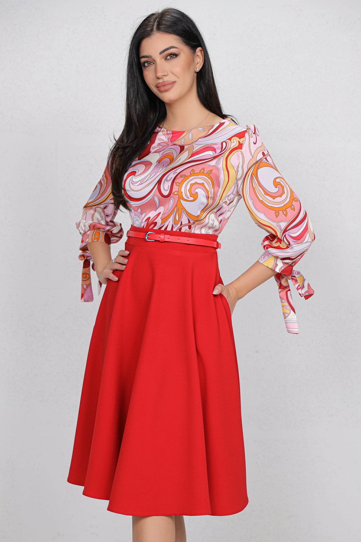 Rochie MBG rosie cu bust imprimat si curea detasabila