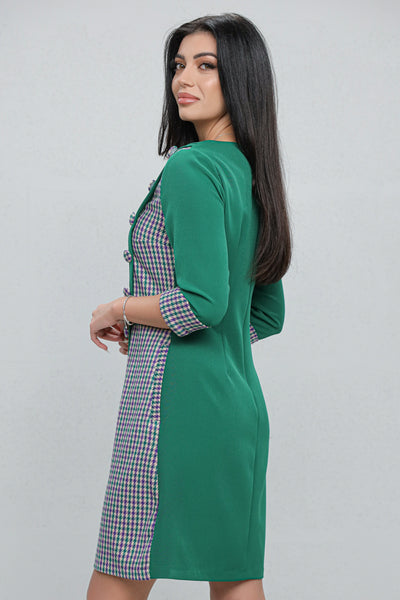 Rochie MBG office verde cu carouri gri si nasturi decorativi