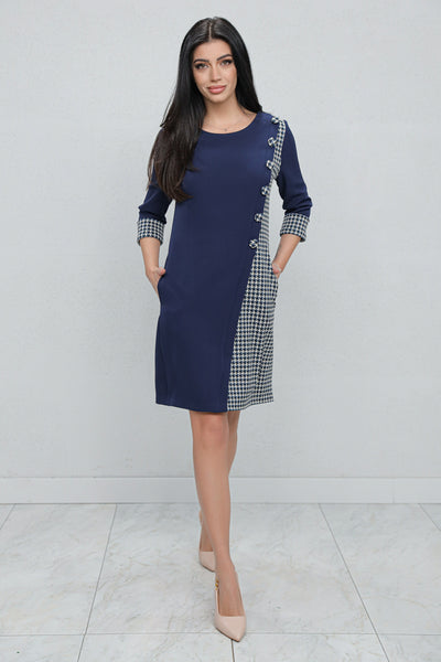 Rochie MBG office bleumarin cu carouri gri si nasturi decorativi