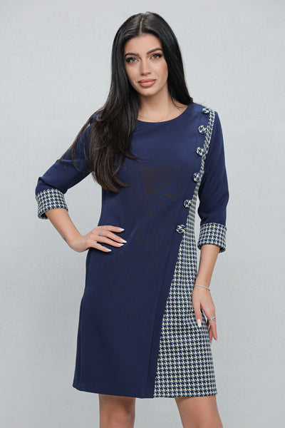 Rochie MBG office bleumarin cu carouri gri si nasturi decorativi