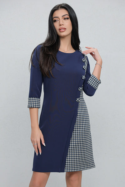 Rochie MBG office bleumarin cu carouri gri si nasturi decorativi