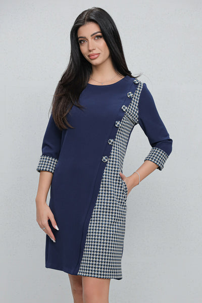 Rochie MBG office bleumarin cu carouri gri si nasturi decorativi