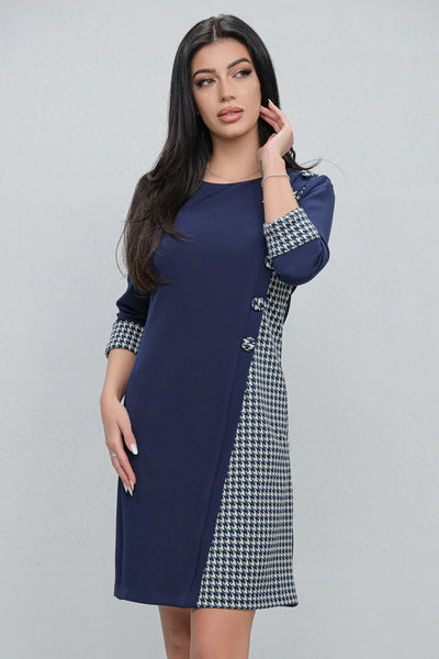 Rochie MBG office bleumarin cu carouri gri si nasturi decorativi