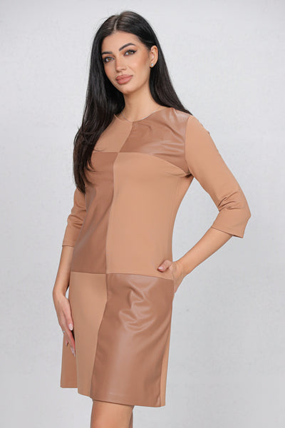 Rochie MBG bej din stofa in combinatie cu piele ecologica