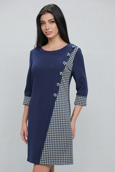 Rochie MBG office bleumarin cu carouri gri si nasturi decorativi