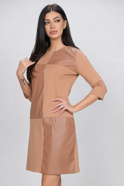 Rochie MBG bej din stofa in combinatie cu piele ecologica