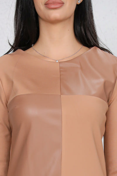 Rochie MBG bej din stofa in combinatie cu piele ecologica