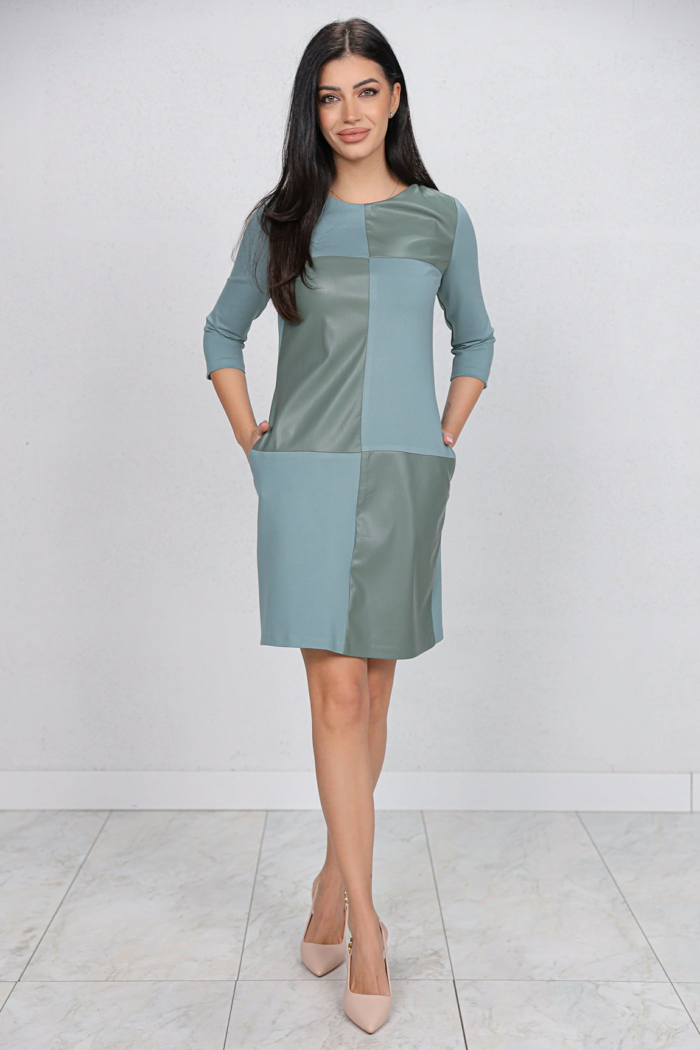 Rochie MBG bleu din stofa in combinatie cu piele ecologica