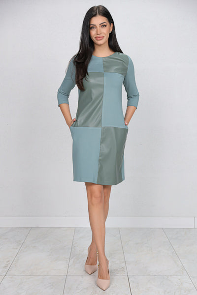 Rochie MBG bleu din stofa in combinatie cu piele ecologica