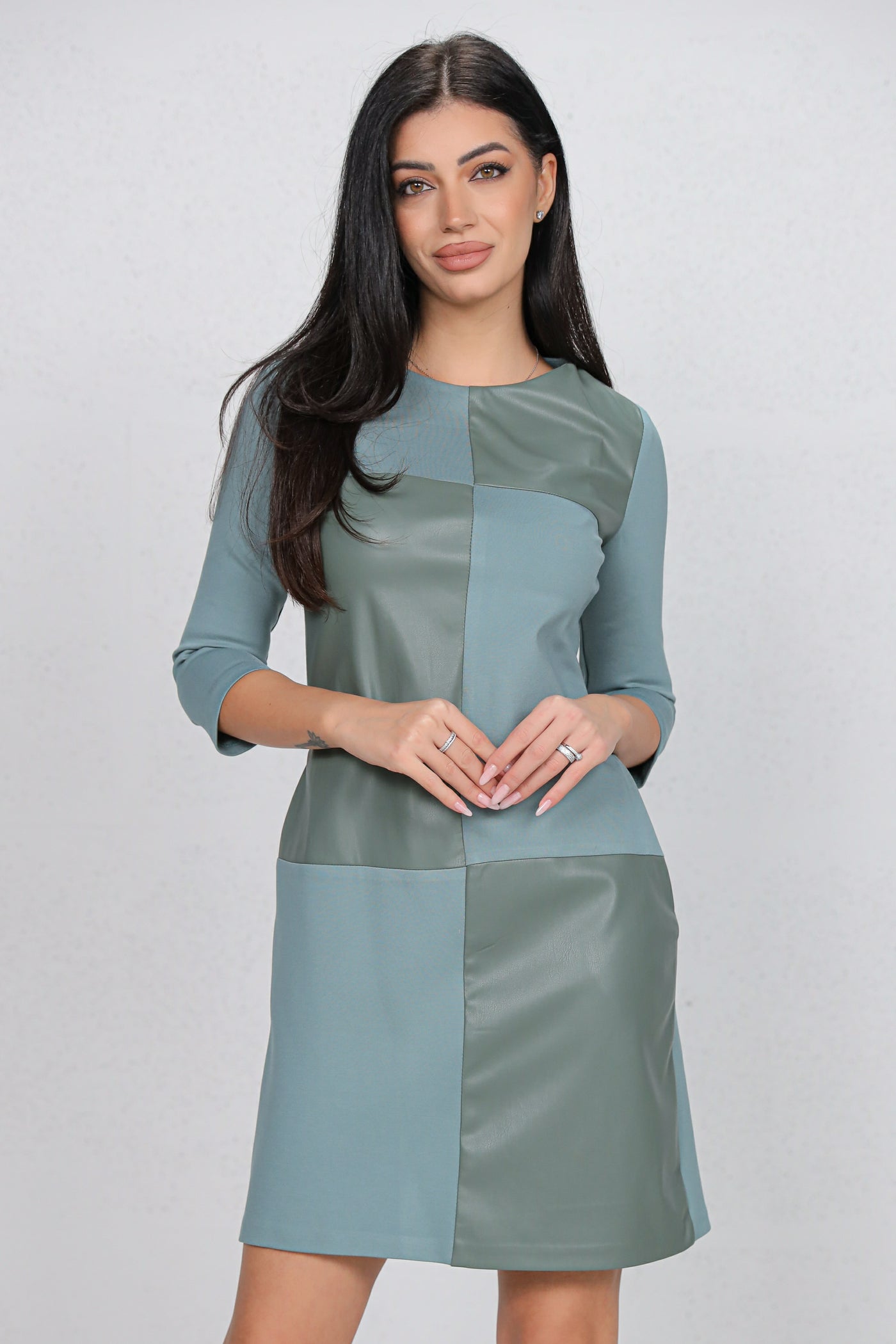 Rochie MBG bleu din stofa in combinatie cu piele ecologica