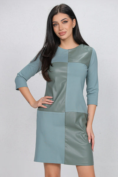 Rochie MBG bleu din stofa in combinatie cu piele ecologica