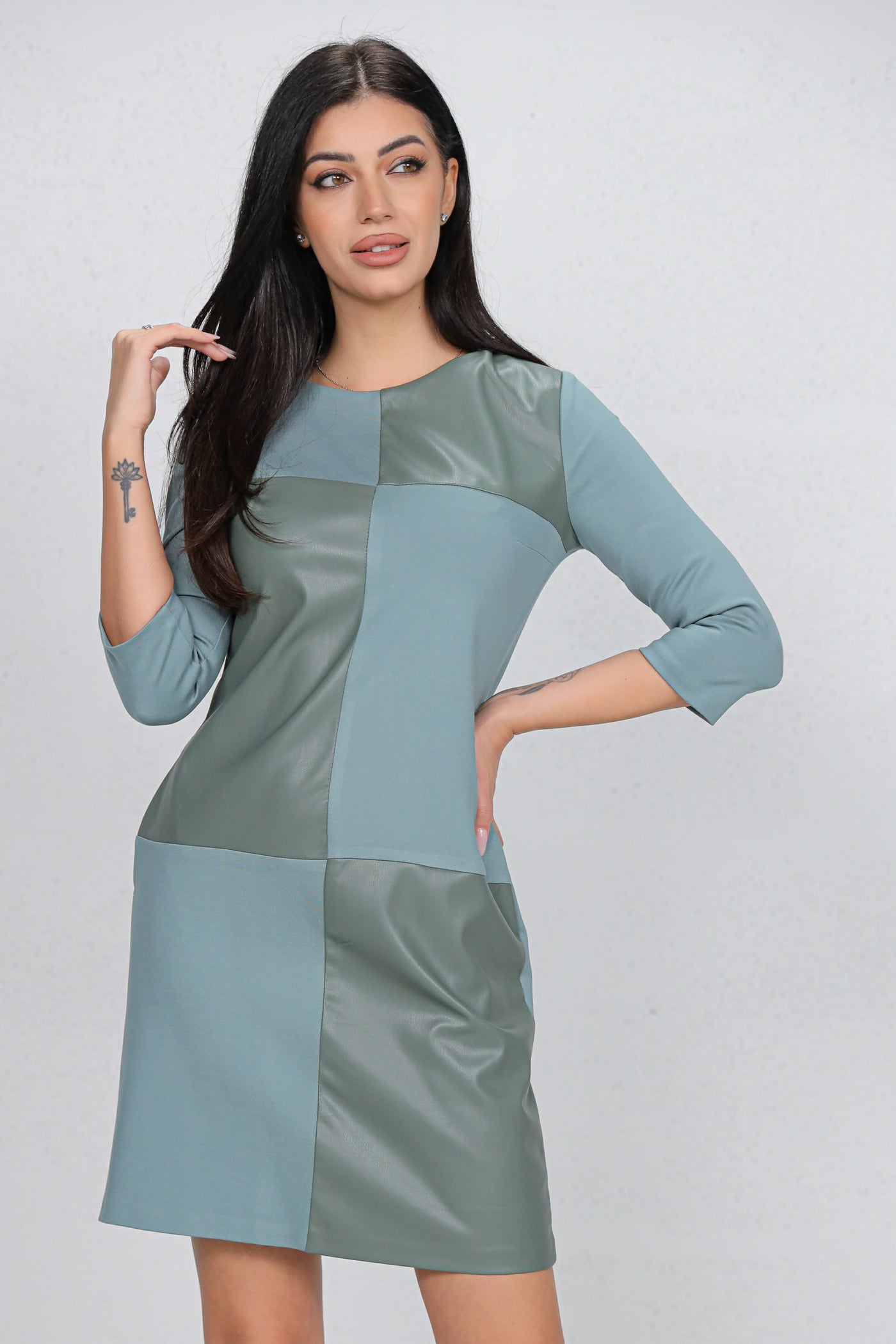 Rochie MBG bleu din stofa in combinatie cu piele ecologica