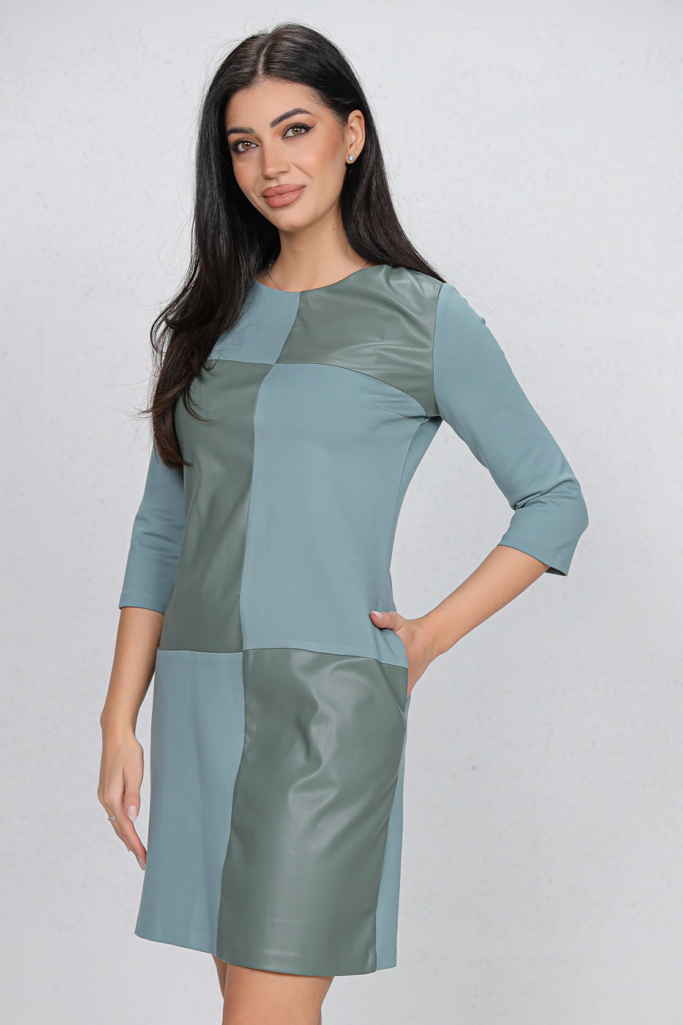 Rochie MBG bleu din stofa in combinatie cu piele ecologica