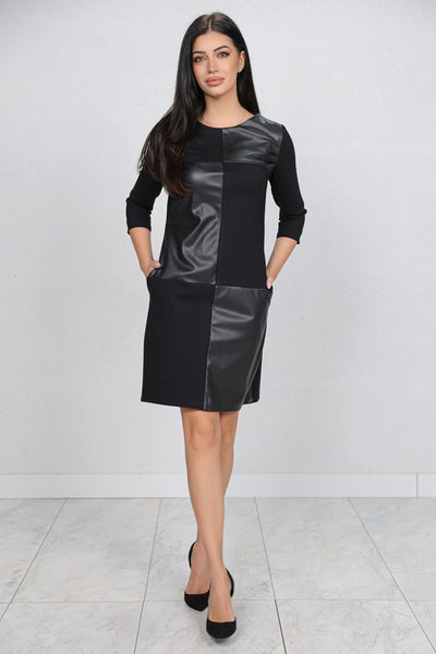 Rochie MBG neagra din stofa in combinatie cu piele ecologica
