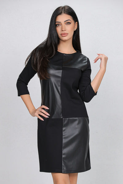 Rochie MBG neagra din stofa in combinatie cu piele ecologica