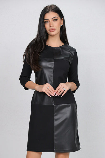 Rochie MBG neagra din stofa in combinatie cu piele ecologica