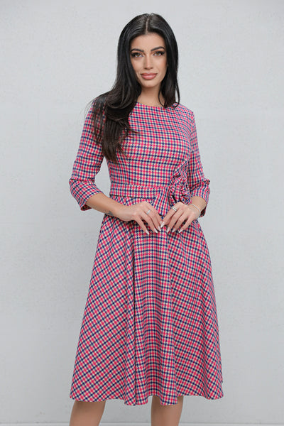 Rochie MBG fuchsia cu carouri si floare 3D in talie