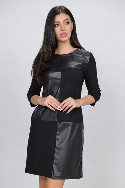 Rochie MBG neagra din stofa in combinatie cu piele ecologica