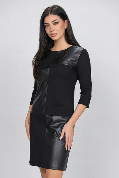 Rochie MBG neagra din stofa in combinatie cu piele ecologica