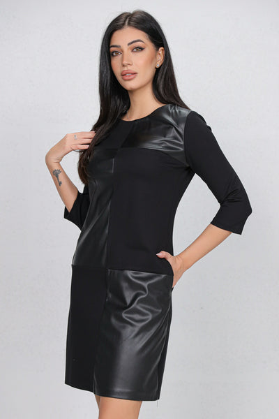 Rochie MBG neagra din stofa in combinatie cu piele ecologica