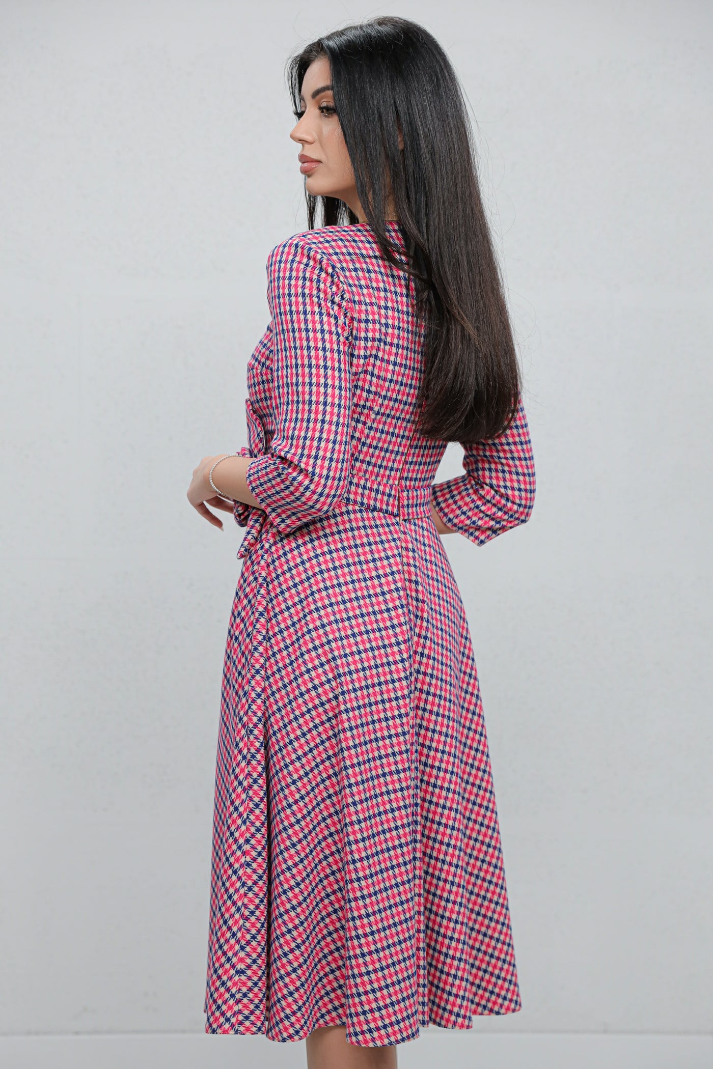 Rochie MBG fuchsia cu carouri si floare 3D in talie