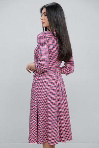 Rochie MBG fuchsia cu carouri si floare 3D in talie